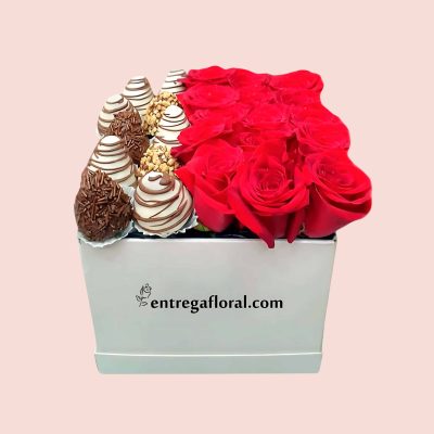 Sembrado de 12 Rosas + Fresas con Chocolates