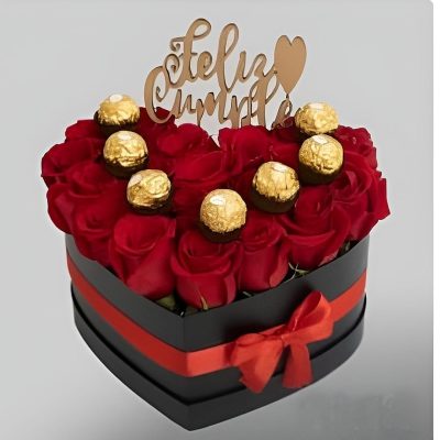 CORAZON DE ROSAS ROJAS CON CHOCOLATES Corazón de Rosas Rojas + Chocolates